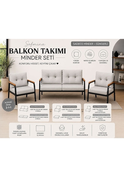 Kafe, Bahçe, Balkon Ve Teraslara Uygun 2-1-1 İçidolu Sünger Gri - Gri