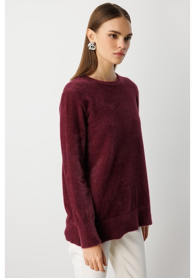 Mizalle Yuvarlak Yaka Oversize Yumuşak Dokulu Mürdüm Triko Kazak Mürdüm