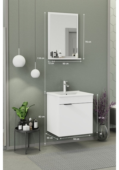 Biani Fix Arya 55 Cm Banyo Dolabı,Seramik Lavabolu, Aynalı,Lavabo Dahil,Mdf,Mat Beyaz
