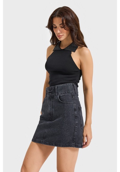 Kadın Koyu Füme Renk 1w5-1 Straight Fit Parlak Taşlı %100 Koton Tasarım Mini Denim Etek