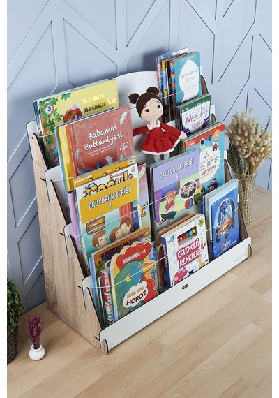 Mingitav Mingitav Lucky Montessori Ahşap Çocuk Odası 4 Raflı Kitaplık Meşe