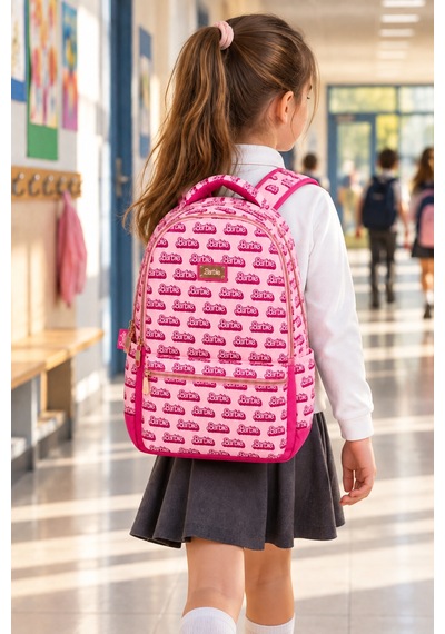 İlkokul Okul Çantası Barbie Pembe Kız Çocuk Sırt Çantası 40x30x14 Cm Desenli