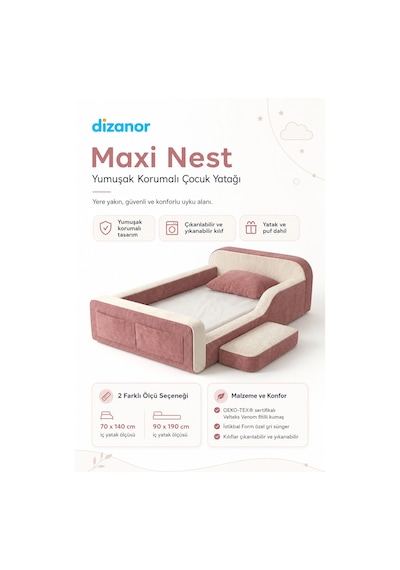 Dizanor Maxi Nest Pembe Fitilli Montessori Çocuk Karyolası Baza Başlık İç Yatak Seti 90 X 190 Cm