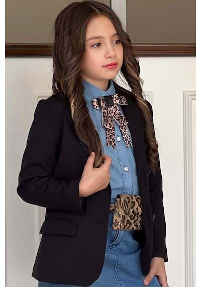 Riccotarz Kız Çocuk Leopar Desenli Fiyonk Detaylı Kot Gömlek Siyah Blazer Ceket Etekli Takım 001