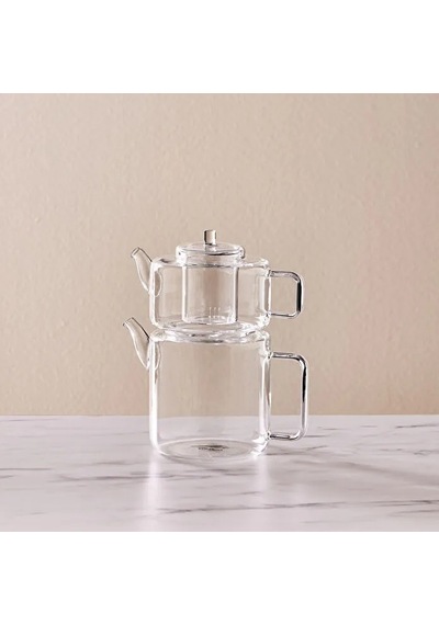 Borosilikat Cam Çaydalık Takımı 1,8+1,1 Litre Beyaz