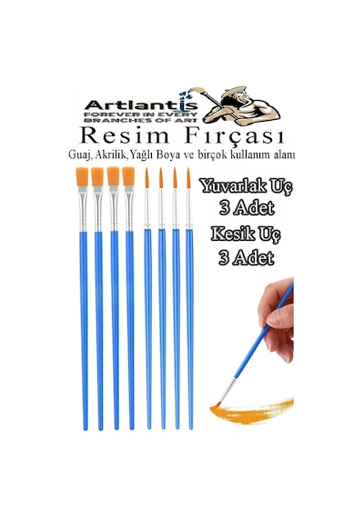 Resim Fırçası Kesik Ve Yuvarlak Uçlu 8 Adet Sentetik Fırça Ekonomik Suluboya Akrilik Boya Guaj Boya Yağlı Boya Resim