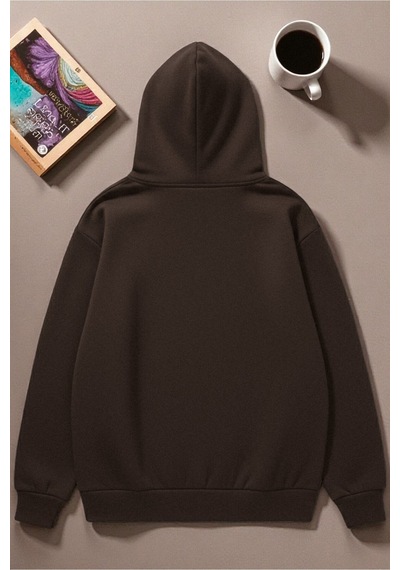 Uyguntarz Unisex Uyuyan Kedi Baskılı Kapüşonlu Sweatshirt Kahverengi