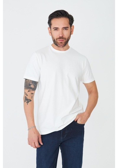 Beyaz Bisiklet Yaka Basic T-shirt Ekru