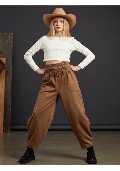 Zekids Kız Çocuk Kemerli Süet Baggy Tasarım Pantolon-16465 Camel