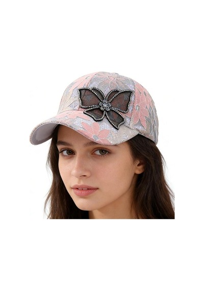 Valkyrie Kadın Taşlı Kelebek Çiçek Detaylı Dantel Şapka Ayarlanabilir Spor Şapka Yazlık Baseball Cap Pembe