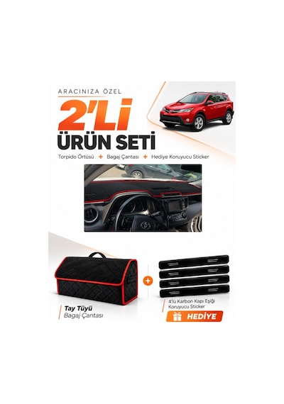 Toyota Rav4 2013-2018 Uyumlu Torpido Örtüsü + Tay Tüyü Bagaj Çantası + Sticker - Siyah Kırmızı