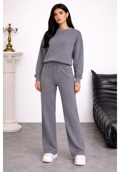 Balenbi Oversize Bisiklet Yaka Basic Modal Kadın Takım 1206 - Form Serisi Gri
