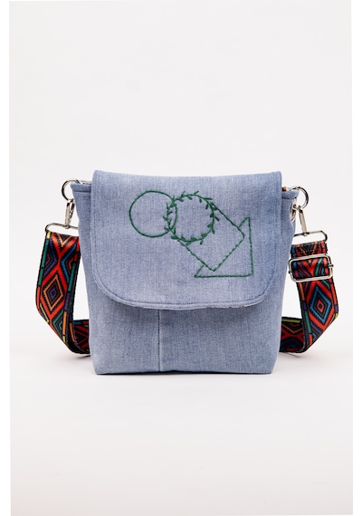 Fabric Craft Bag Kadın Omuz Çantası Kot Kumaş Nakışlı Renkli Desenli Askılı 23x20 Cm Açık Denim