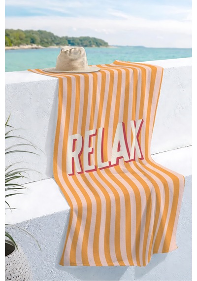 Çizgili Relax Plaj Havlusu - Modern Retro Turuncu Pembe Havuz Deniz Hızlı Kuruyan Mikrofiber Havlu Uçuk Menekşe