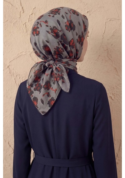 Silk Home Pamuk Karışımlı Eşarp Çiçekli Desen Gri 90x90 Çok Renkli
