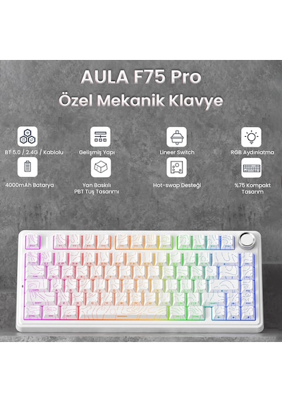 Aula F75 Mekanik Rgb Tkl Seiya Switch Kablosuz Makrolu Hot Swap Klavye Desenli Beyaz