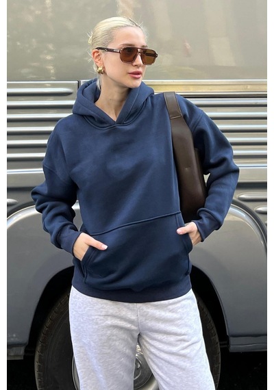 Lacivert Kapüşonlu Şardonlu Oversize Cepli Sweatshirt Mg2206