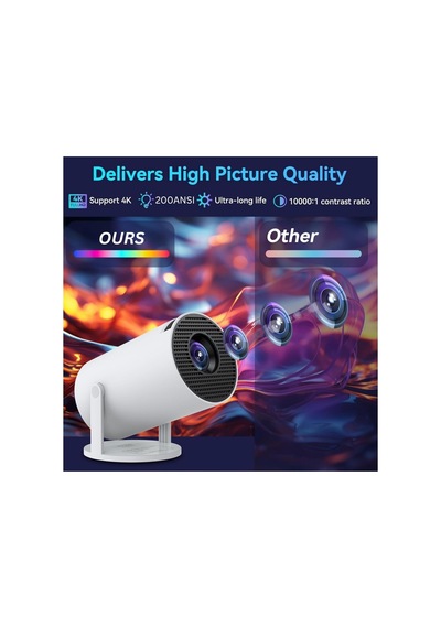4k Hy300 Pro Projeksiyon Cihazı, 1080p Full Hd Görüntü Kalitesi, 200 Ansı Lümen Parlaklık, Dahili Hoparlörlü, Hdmı Usb Bağlantılı Wifi 6 Bluetooth 5, 40-130 Inch Görüntü, Ev Ofis İş Yeri İçin Uygun