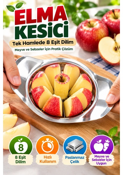 Elma Kesici Paslanmaz Çelik 8 Dilim Meyve Sebze Dilimleyici Pratik Mutfak Kesme Aparatı Ergonomik Xl Gümüş