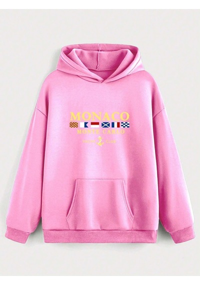Unisex Pembe Monaco Baskılı Kapüşonlu Oversize Sweatshirt Pembe