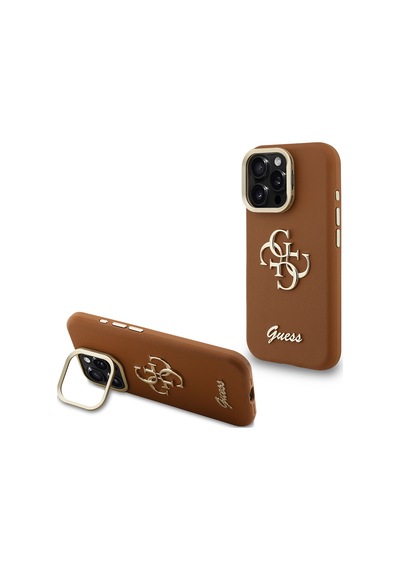 Apple Uyumlu iPhone 16 Pro Max Kılıf Guess Lisanslı Grained Yazı Logolu Kamera Standlı Kapak Kahverengi