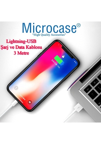 Microcase iPhone Apple Uyumlu iPad  Lightning Usb Şarj Ve Data Kablosu - 3 Metre Beyaz