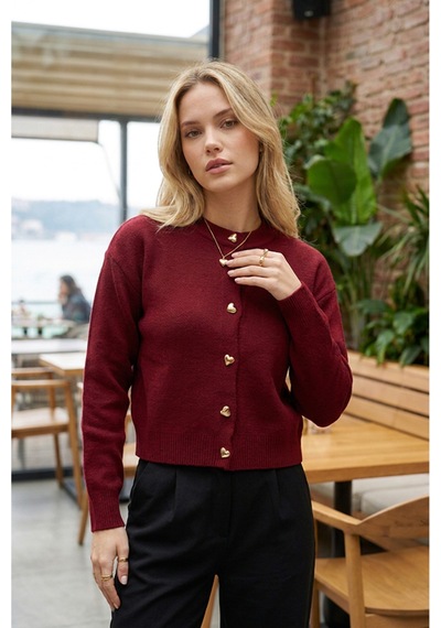 Sayzen Your Shine Trend Basic Kalp Düğmeli Kadın Hırka Bordo