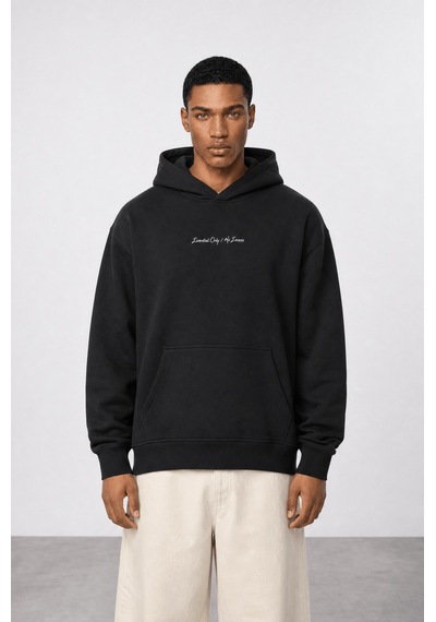 Respire Erkek Essentials Nakışlı Oversize Hoodie Siyah