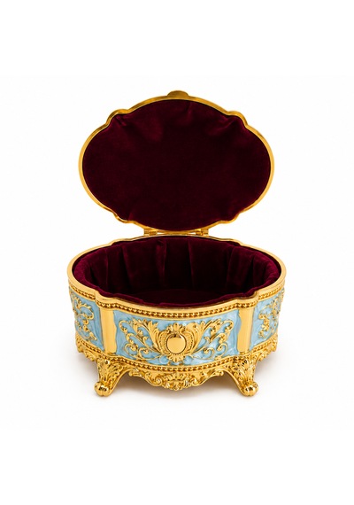 Kristal Taşlı Oval Mücevher Kutusu Kadife İç Kaplamalı Gold İşlemeli Takı Kutusu Dekoratif Saklama Kutusu Turkuaz