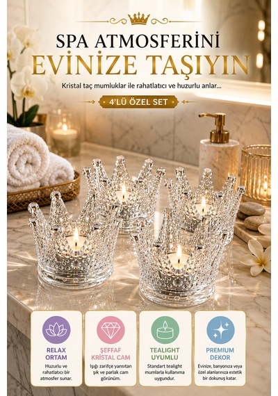 4'lü Set Kristal Taç Mumluk Şeffaf Diğer