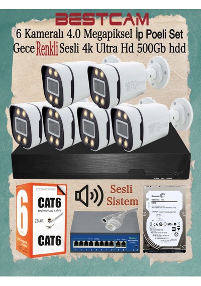 6 Kameralı 4 Mp İp Poeli Set Gece Renkli Sesli 4k Ultra Hd 500 Gb
