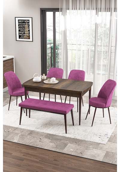 Canisa Concept Zen Serisi 80x132 Mdf Açılabilir Barok Ahşap Desen Masa Takımı 4 Mor Sandalye Ve 1 Bench Barok Masa Sandalye Ve Bench Mor