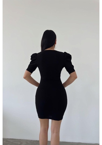 DefyModa Kadın Krep Kumaş Kruvaze Yaka Kısa Kollu Abiye Elbise Siyah