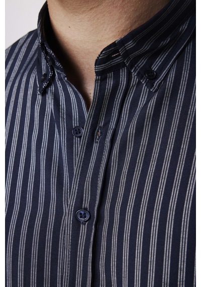 Tudors Slim Fit Pamuklu Kolay Ütü Çizgili Lacivert Erkek Gömlek-27784-lacivert Lacivert