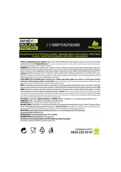 Mustang Nutrition Core+ Series Isolate Whey Protein Tozu 1800 Gr 60 Servis Çikolata + Shaker + Protein Kahve Hediyeli Çikolata Aromalı