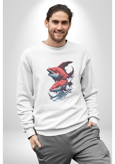 Kırmızı Japon Balığı Unisex Beyaz Baskılı Sweatshirt Beyaz