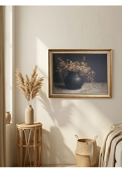 Vintage Gold Çerçeveli Natürmort Siyah Saksı Dekoratif Tablo 60x80 Cm