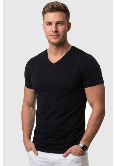Rizzup Erkek Siyah Slim Fit %90 Pamuk V Yaka Likralı Yumuşak Dokulu Basic Tişört 1801165