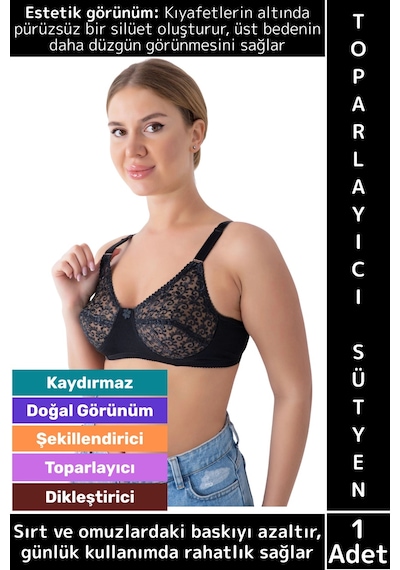 Wintoup Özel Üretim Meme Dikleştirici Şekillendirici Esnek Konforlu Şık Dantelli Göğüs Toparlayıcı Sütyen Siyah