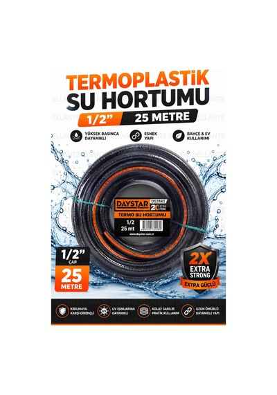 Patlamaz 1/2 İnç 25 Metre Termoplastik Su Hortumu 2x Extra Strong Yüksek Basınca Dayanıklı Esnek Bah