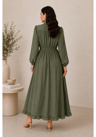 Hira Life Fashion Kadın Çilek Kumaş Ve Önü Düğmeli Eteği Fırfırlı Hakim Yaka Elbise Haki Haki Hira Life Fashion Kadın Çilek Kumaş Ve Önü Düğmeli Eteği Fırfırlı Hakim Yaka Elbise Haki Haki