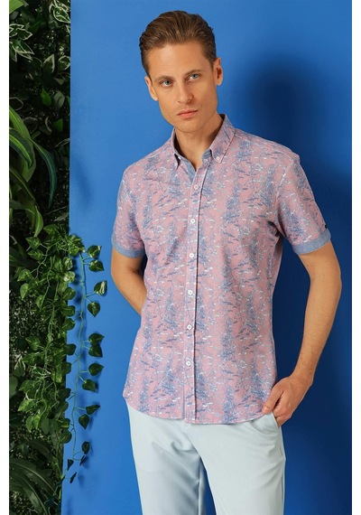 Efor Slim Fit Düğmeli Yaka Desenli Kısa Kol Pamuk Lila Gömlek G 1499 Lila