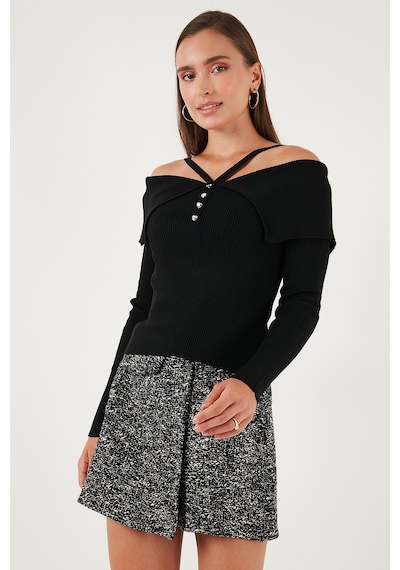 Lela Premium Fitted Fit Carmen Yaka Ip Askı Detaylı Triko Bayan Kazak 680Kz00076 Siyah
