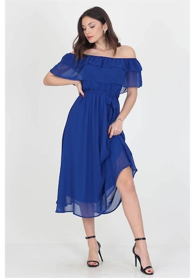 Neşeli Butik Kadın Saks Mavisi Madonna Yaka Bağlama Detaylı Şifon Elbise Ry8060 Saks