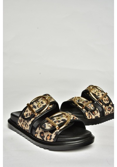 Fox Shoes U725792017 Siyah Leopar Hasır Terlik Siyah Leopar-hasır