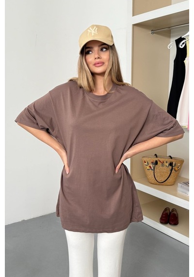 Giysa Kadın Bisiklet Yaka Oversize %100 Pamuklu Basic T-shirt Açık Kahverengi - 26y 26501 Açık Kahverengi