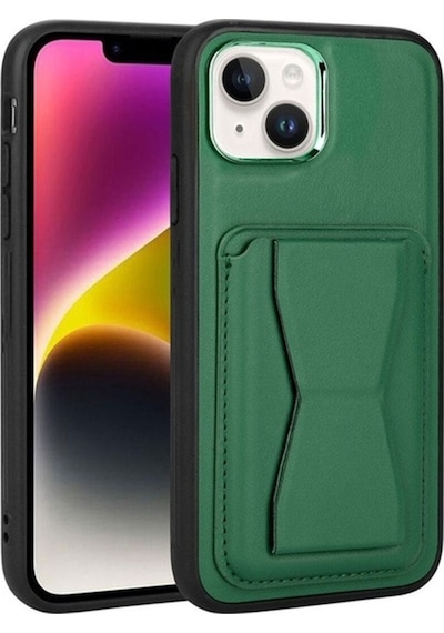 Apple Uyumlu iPhone 14 Plus Kılıf Kartlıklı Standlı Pu Deri Zore Memo Kapak Koyu Yeşil