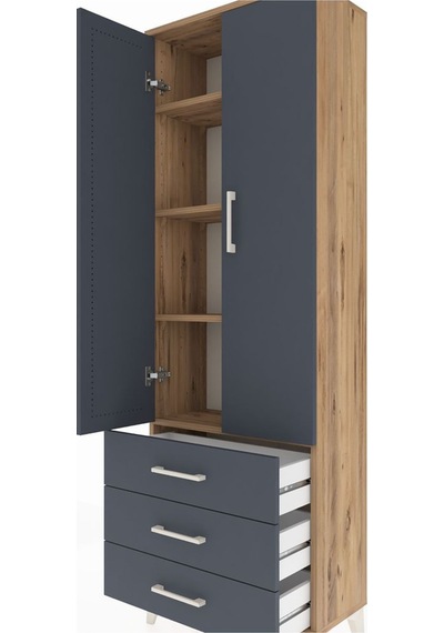 Arges Dolap 4 Raflı 3 Çekmeceli 2 Kapaklı 60x30x182 Çam-antrasit Çam
