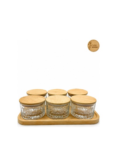 Queen - 6'lı Dikdörtgen Tepsili Bambu Vakum Kapaklı Cam Kahvaltılık Çerezlik 260 Ml Bambu