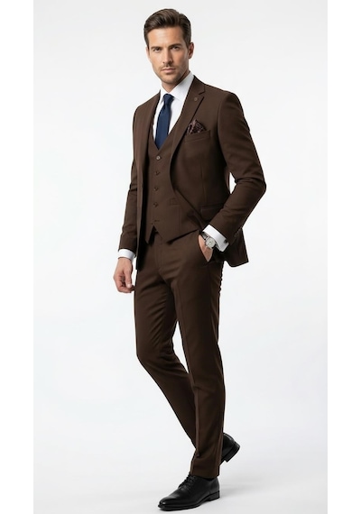 Erkek 3 Parça Slim Fit Takım Elbise Klasik Likralı Kumaş, Tek Düğme, Çift Yırtmaçlı Modern Kesim Ceket Yelek Pantolon Kahverengi